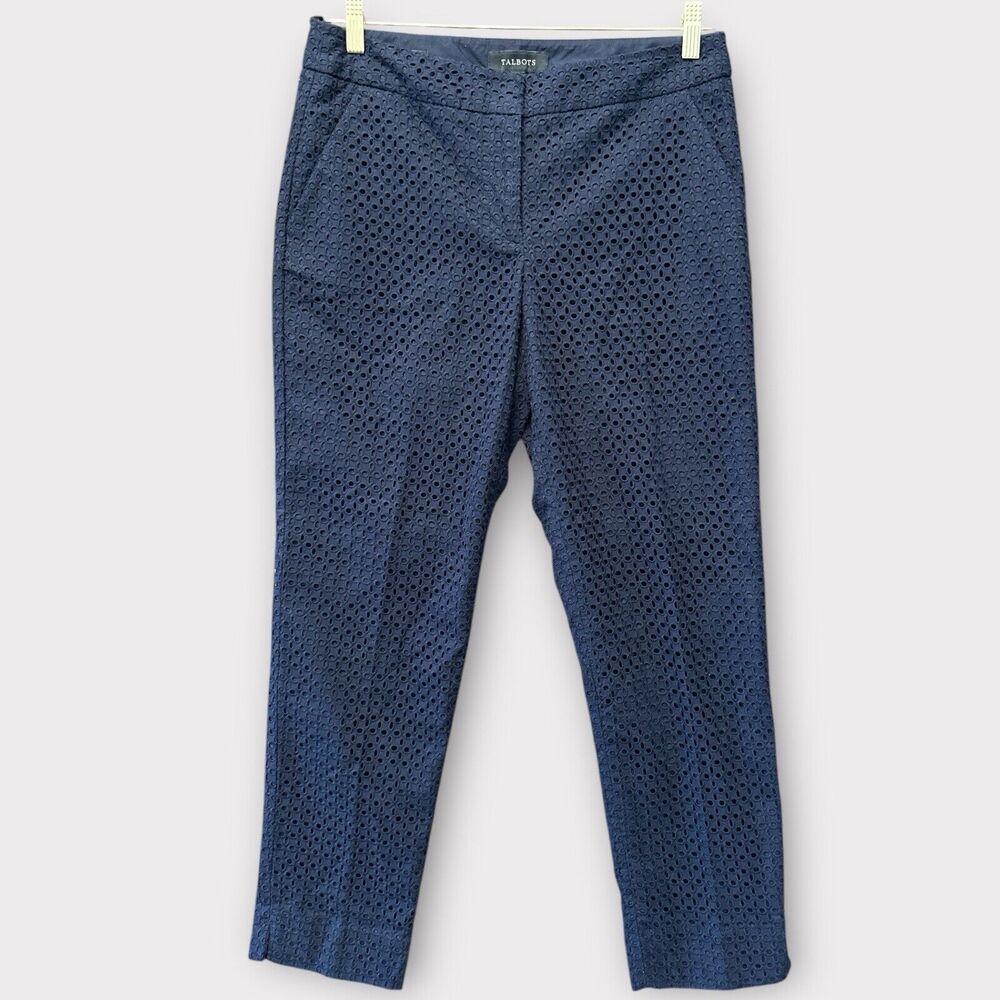 Talbots Womens Signature Eyelet Pants Navy Blue Cut Out Slim Cotton Preppy Sz 6